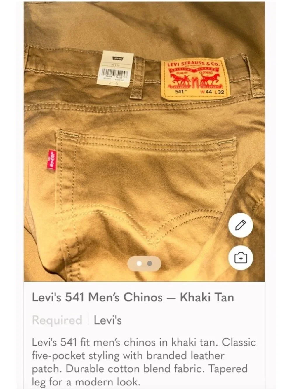 Levi's 541 Men’s 44x32 Tan Coin Pocket Denim Classic Athletic Tapered Leg Jeans